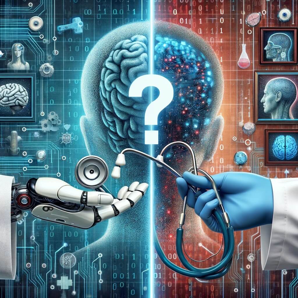 DALL·E-2023-12-18-08.04.21-A-conceptual-image-representing-the-debate-Will-AI-Replace-Doctors-Intuition_.-On-one-side-of-the-image-theres-a-robot-hand-holding-a-stethoscope